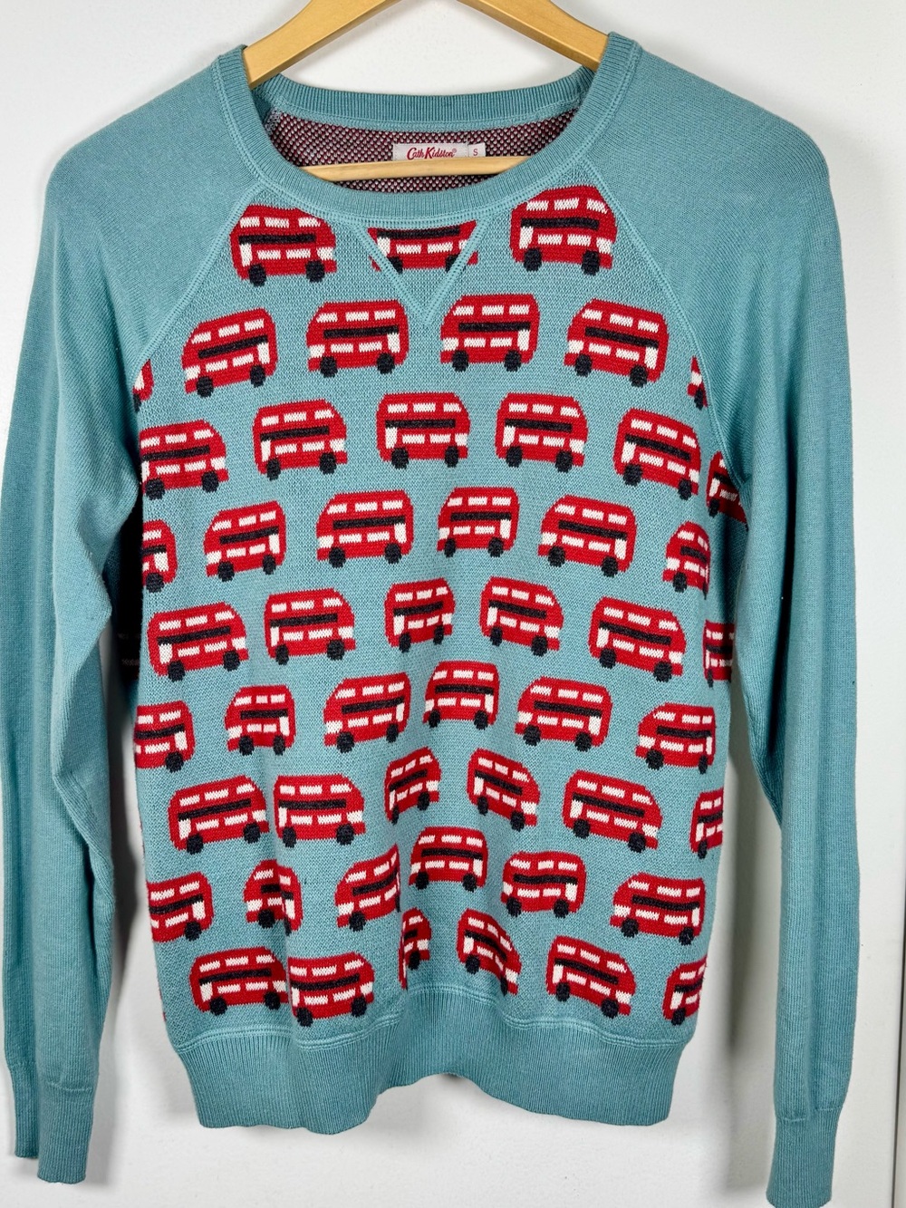 Cath Kidston London Bus Cotton Blend Knit Crew Sweater Women’s Small Teal Blue